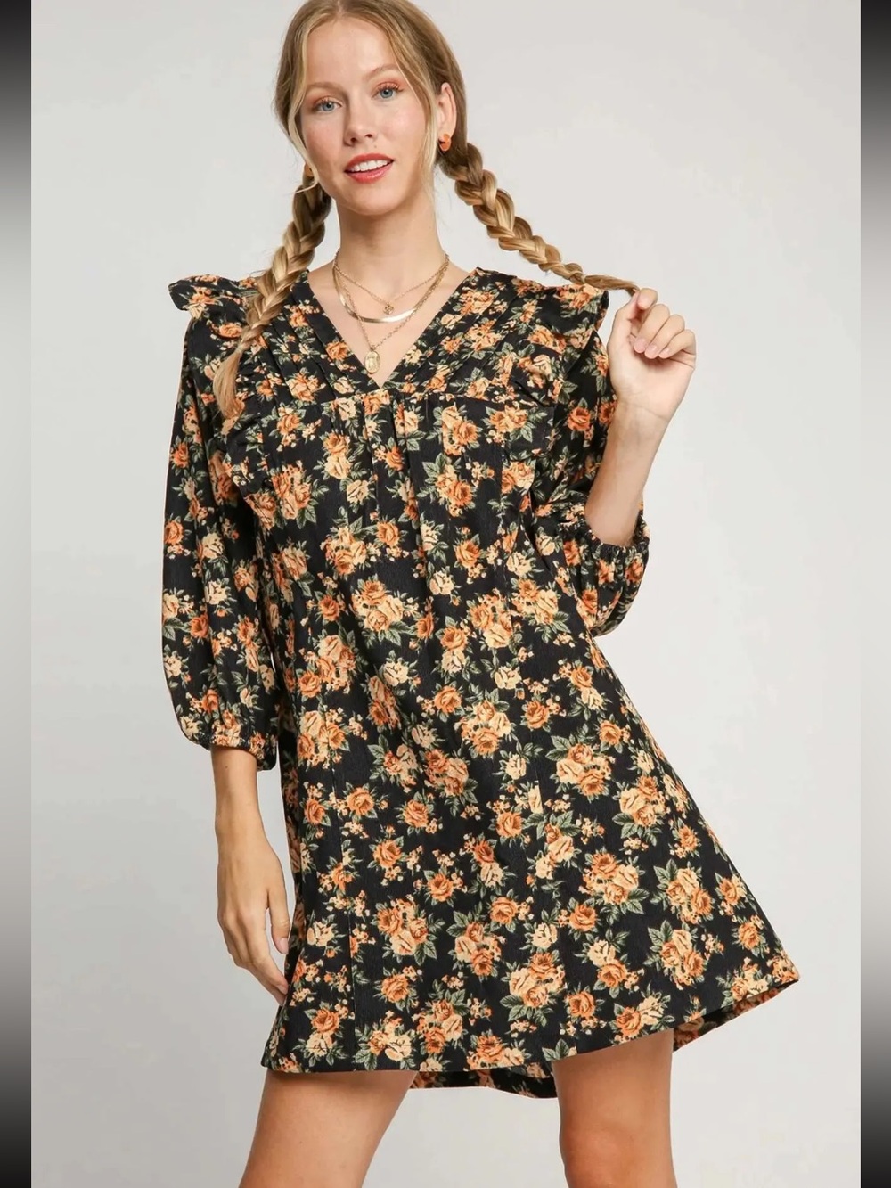 Umgee Autumn Floral V-Neck Mini Dresss